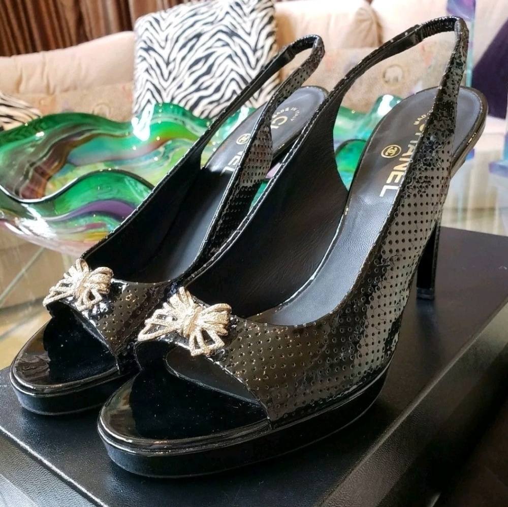 CHANEL BLACK PATENT LEATHER SLINGBACK HIGH HEEL OPEN TOE PLATFORM PUMPS 40